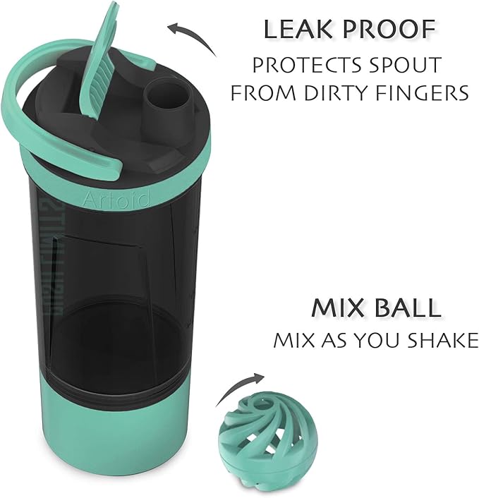 Artoid Mode 24-Ounce Protein Shaker Bottle, Dual Mixing Technology, BPA Free, Aqua Green/Black