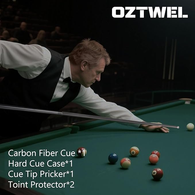 Carbon Fiber Pool Cue Stick, 12.4mm 8-Layer Tip Low Deflection Pool Cue Professional Pool Sticks for Adults with Pro Taper Cue Shaft 3/8 x 8 Joint Pin
