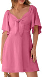Women's Deep V-Neck Mini Dress with Bow Tie - Elegant Summer Fall Outfit