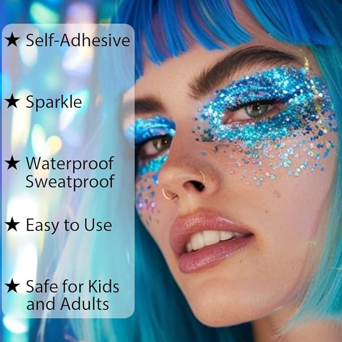 Mysense Purple Body Glitter Gel, Mardi Gras Face Glitter Makeup, Music Festival Rave Accessories, Chunky Mermaid Sequins for Eye Hair Decorations, Sparkling Paint for Women, 30g