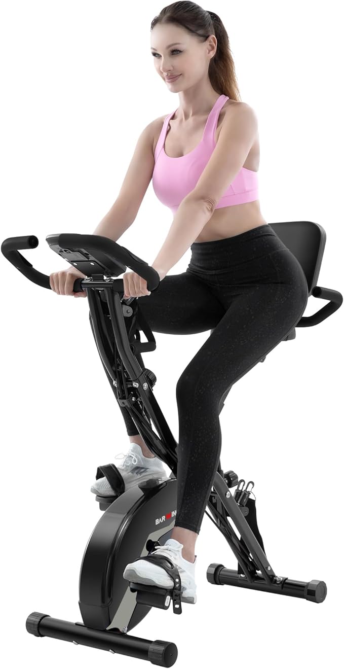 BARWING Stationary Exercise Bike for Home Workout, 5 IN 1 Foldable Indoor Cycling Bike for Seniors, 350LB Capacity, 16-Level Magnetic Resistance, Seat Backrest Adjustments