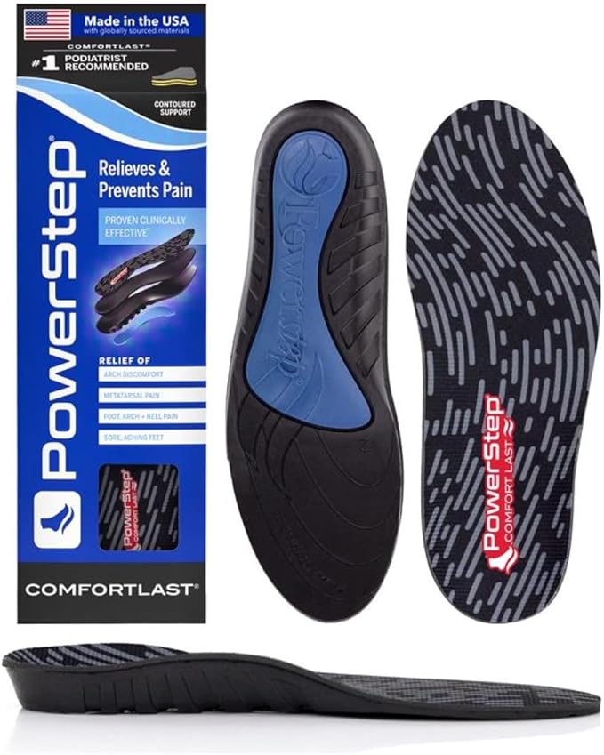 PowerStep Comfort Last Insoles, Cushioning Gel Insoles for Standing All Day, Supports Metatarsal Pain, Foot Arch, Heel Pain, All Day Comfort, Made in The USA (Men's 5-6.5 / Women's 7-8.5)