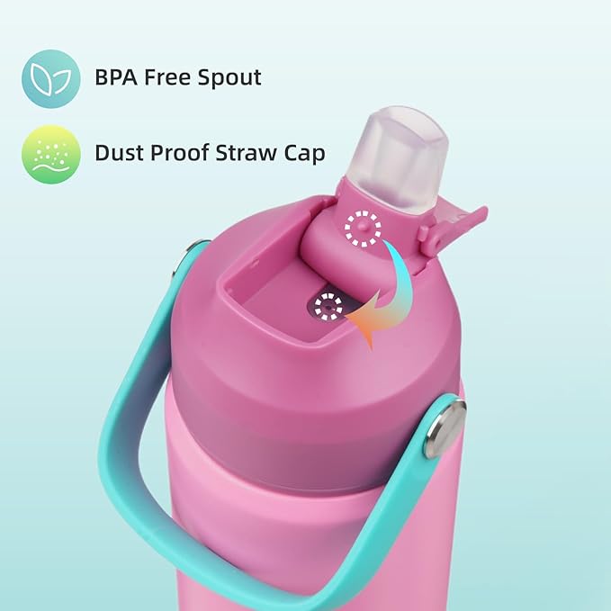 Insulated Water Bottle with Straw Lid,12 oz Stainless Steel Vacuum Metal Bottle with Silicone Handle,Rose Pink