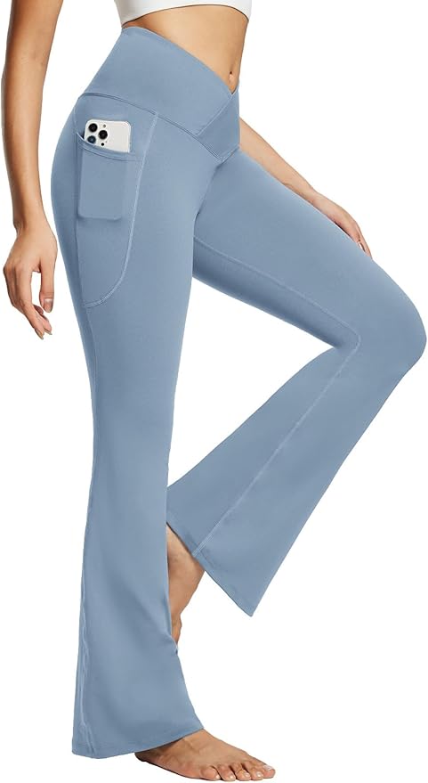 baleaf Women's V Crossover Flare Leggings with Pockets Yoga Pants High Waist Casual Workout Gym Bell Bottom Leggings