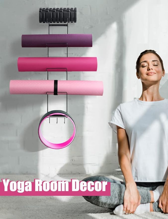 MRZZATA 5-Tiers Yoga Mat Holder Wall Mount, Metal Storage Rack for Mats/Wheels, Foam Roller and Block, Wall Rack with 3-Hooks for Hanging Stretching Strap, Resistance Bands, Yoga Accessories