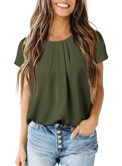 Polyester Blouses - Women's Chiffon Blouse Short Sleeve Pleated Top with Keyhole Back Detail