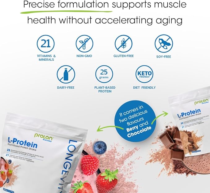 Prolon Longevity Plant Based Protein Powder | Muscle Synthesis & Repair, Healthy Aging, Boost Performance | Vitamins, Gluten Free, Amino Acids | 25g of Protein | Chocolate and Berry, 24 Packets
