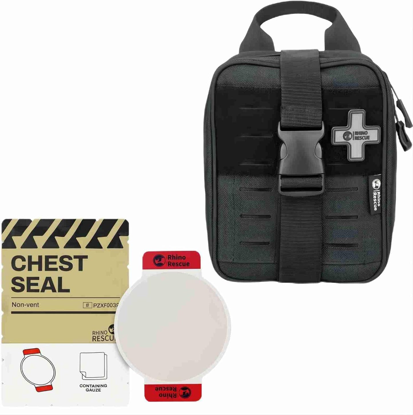 RHINO RESCUE Bundle- Non-Vented Chest Seal, IFAK Emergency Trauma Dressing+IFAK Trauma Kit, Tactical First Aid Kit Molle Pouch for Military Black