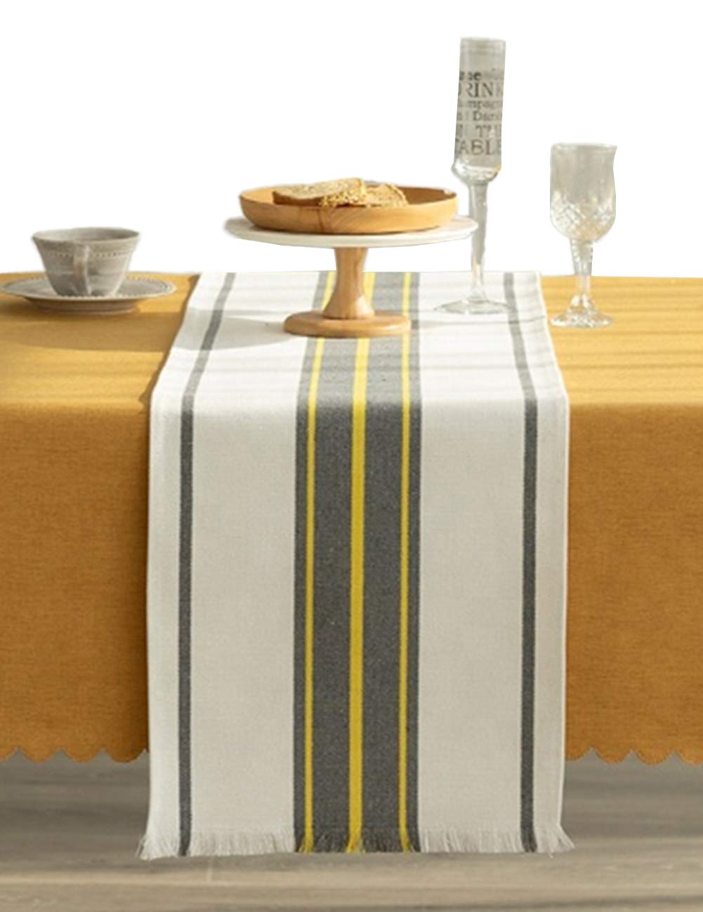 Fennco Styles Neural Stripes Fringe Canvas Cotton Table Linen