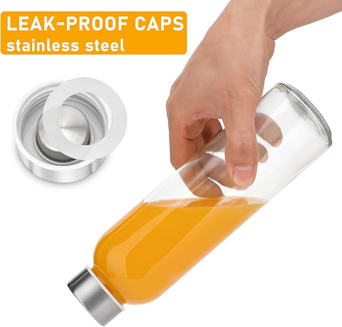 Sursip 18 oz Glass Water Bottles with Lids, Juice Bottles, Clear glass juice bottle for juicing, Eco-Friendly Reusable Glass Juicing Bottles with Stainless Steel Lid, BPA Free,Leak-Proof, Set of 6