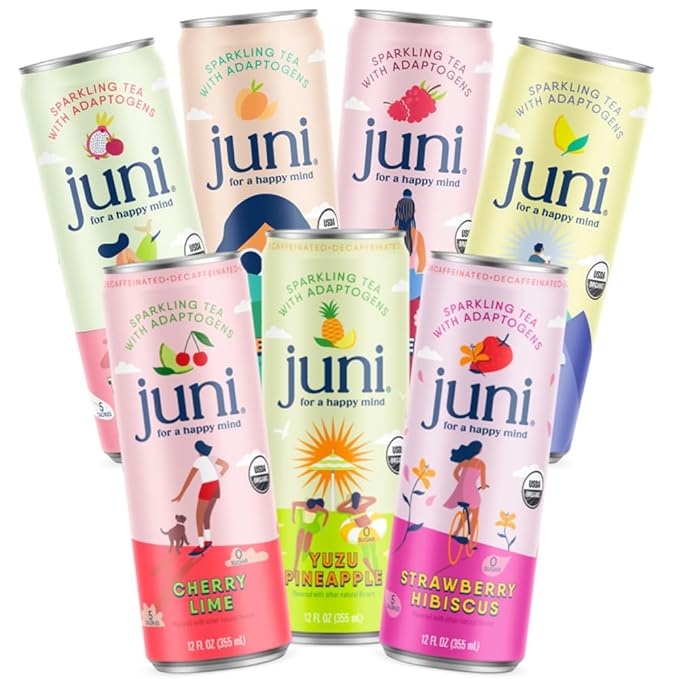 Juni Sparkling Adaptogen Drink with Ashwagandha, Lion's Mane & Reishi Mushrooms | Green Tea for Focus | Zero Sugar, 5 Calories | All Flavors 24-Pack