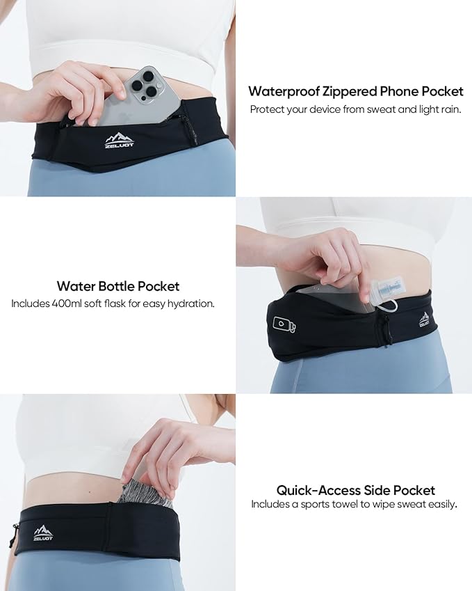 Running Belt with 400ml Soft Flask, Extension Strap & Phone Holder, Adjustable Running Fanny Pack with Gym Towel, Waterproof Belt Bag for Women Men for Jogging Hiking Marathon