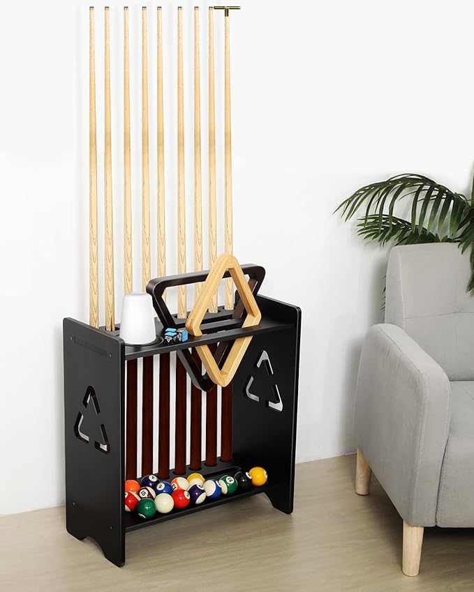 Pool Stick Holder Floor Stand- Billiards Pool Cue Rack Oak Solid Wooden Holds 9 Cues and Pool Table Accessories Organizer with Chalk Cone Holder for Game Room Club or Men Cave
