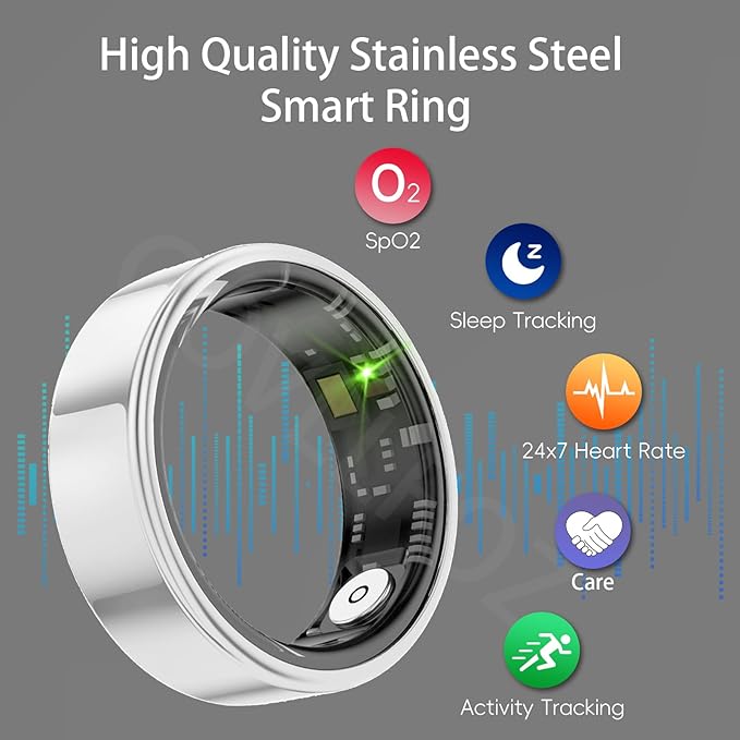 Smart Ring Health Tracker, Fitness Sleep and Heart Rate Monitor Smart Ring, Waterproof Bluetooth Fitness Tracker Ring IPX68 Waterproof (Silver, 9)