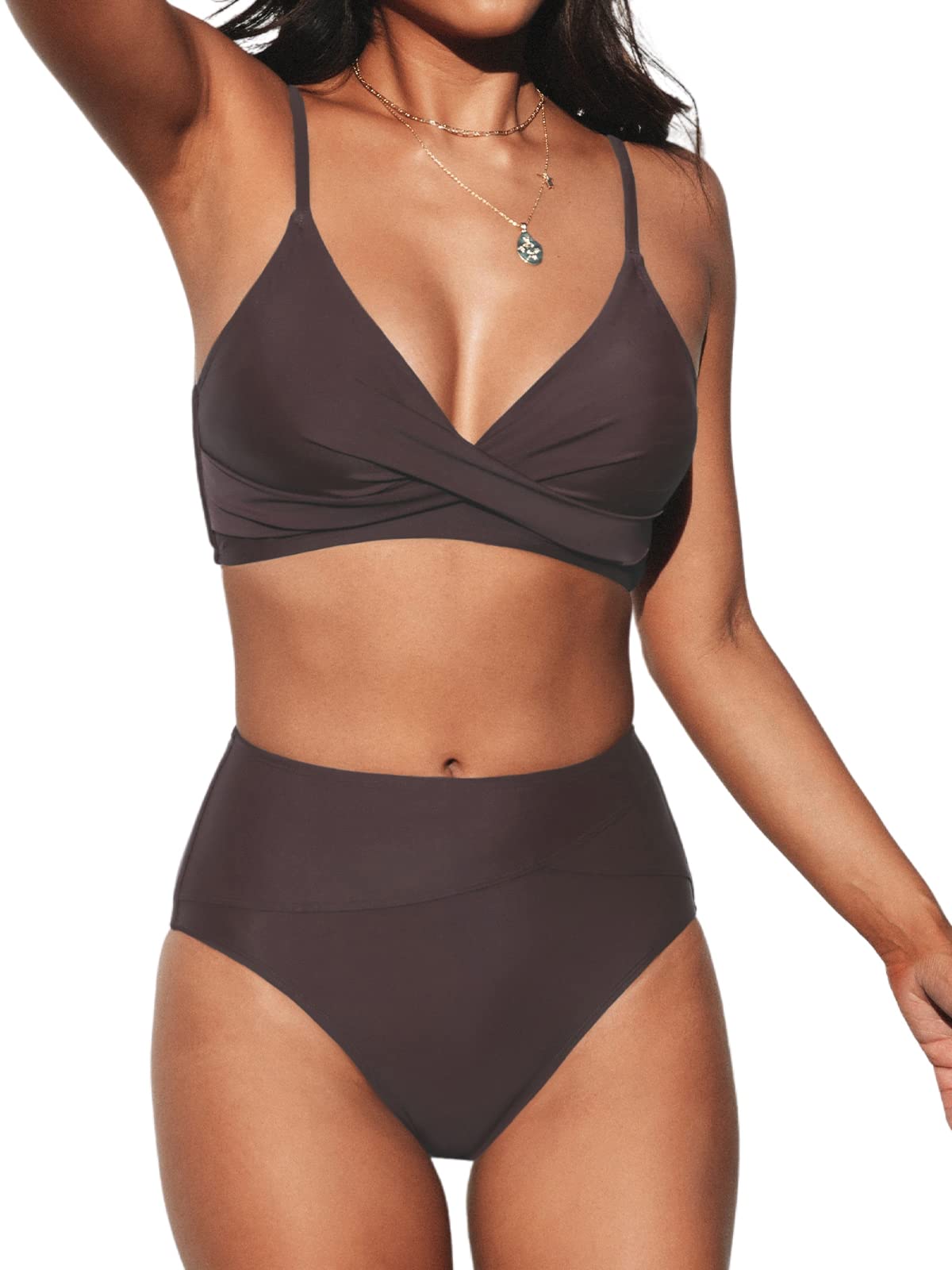 Women's High Waisted Bikini Set - V Neck Twist Front Two Piece Swimsuit with Adjustable Straps