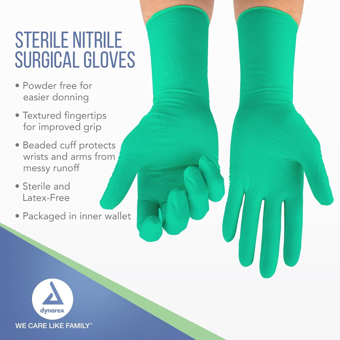 Dynarex Sterile Nitrile Surgical Gloves, Powder-Free, Blue - 50pairs/bx, 4bxs/cs (200 Count)