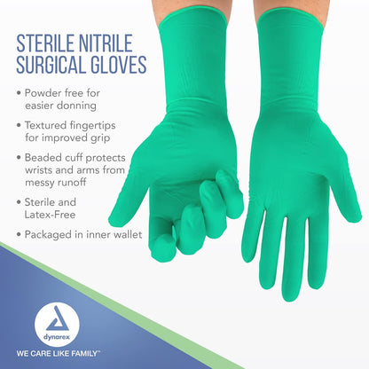 Dynarex Sterile Nitrile Surgical Gloves, Powder-Free, Blue - 50pairs/bx, 4bxs/cs (200 Count)