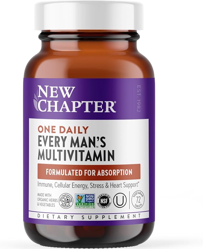 New Chapter Men's Multivitamin for Immune, Stress, Heart + Energy Support with Fermented Nutrients - Every Man's One Daily, Made with Organic Vegetables & Herbs, Non-GMO, Gluten Free - 72 ct