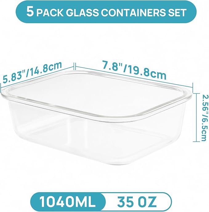 Vtopmart 5 Pack 35oz Glass Containers with Bamboo Lids, Meal Prep Food Storage Containers, BPA Free, Microwave & Dishwasher Safe