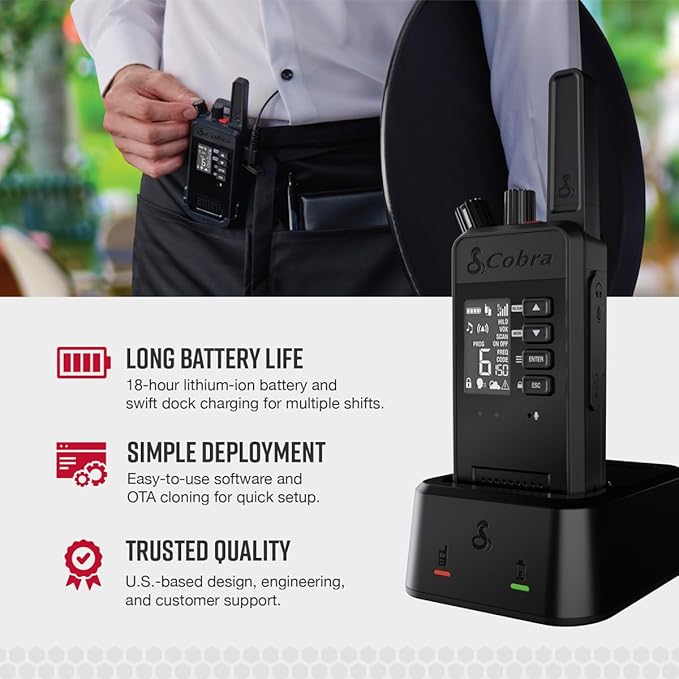 Cobra Performa 450 Business Radio (1-Pack with Dock) - 6-Channel UHF/LMR Professional Two Way Radio, Waterproof Walkie Talkie, Shockproof, IP67 & MIL-SPEC Rated, 18hr Battery, LCD Screen