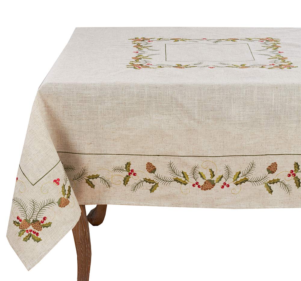 Fennco Styles Holiday Embroidered Pinecone and Holly Poly-Linen Natural Tablecloth