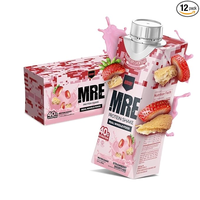 REDCON1 MRE Ready to Drink Protein Shakes, Strawberry Shortcake - Protein Drinks with Whole Food Sources - Sugar Free RTD Shake Formulated to Fuel Athletes at Any Time (12 Pack)