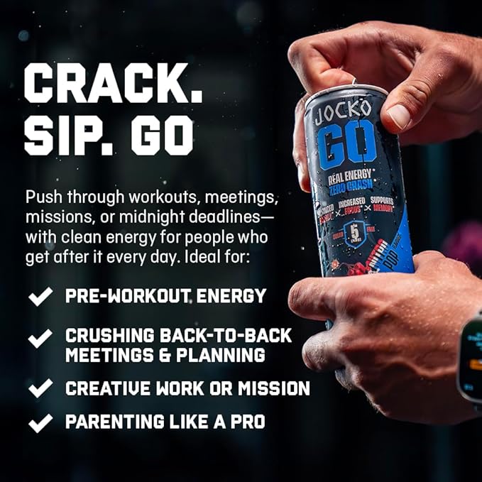 Jocko GO Energy Drink - Keto, Vitamin B12, Vitamin B6, Electrolytes, L Theanine, Magnesium- Energy Boost, Sugar Free Nootropic Monk Fruit Blend - 12 Pack (Mango Passionfruit)