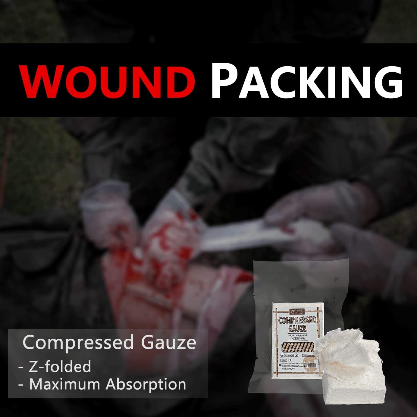 RHINO RESCUE Bundle-Vented Chest Seal, 4 Vents, Sterile Emergency Trauma Dressing, Occlusive Adhesive Pad+Sterile Compressed Gauze for Emergency Wound Dressing, FSA HSA Eligible