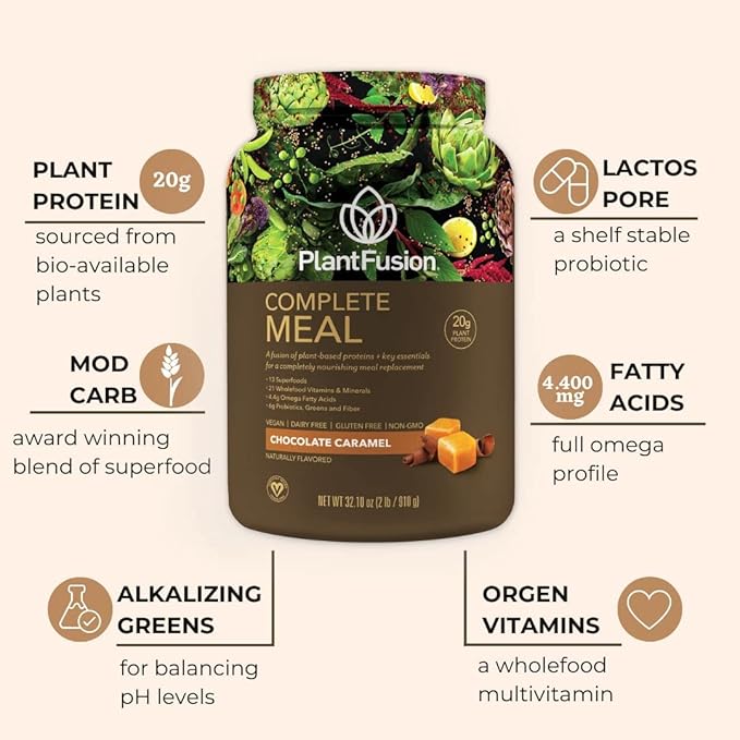 PlantFusion Complete Meal Replacement Shake - Plant Based Protein Powder with Superfoods, Greens & Probiotics - Vegan, Gluten Free, Soy Free, Non-Dairy, No Sugar, Non-GMO - Chocolate Caramel 2 lb