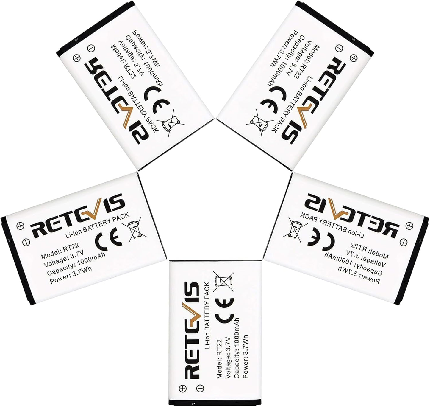 Retevis RT22 RT22S RT15 RT19 walkie talkies Battery Original 3.7V Li-ion Battery 1000mAh Compatible RT22 RT22S RT15 RT19 WLN KD-C1 Walkie Talkies (5 Pack)