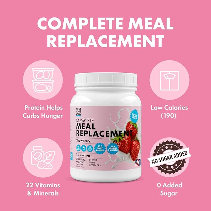 Yes You Can! Meal Replacement Shake - 20G Protein, 5G Fiber, 21 Vitamins & Minerals - Meal Replacement Protein Powder - Complete All-in-One Nutrition - 15 Servings (Strawberry)
