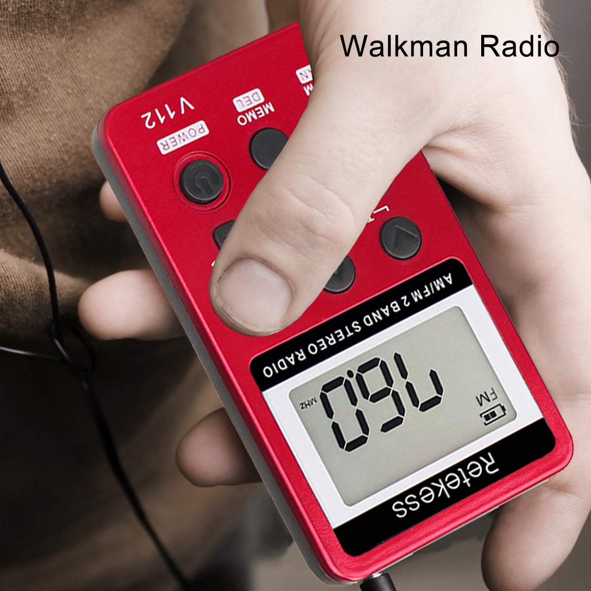 Retekess V112 AM FM Portable Pocket Radio, FM Receiver, Digital Tuning Stereo, with Headphones, Rechargeable Battery, for Walking, Jogging, Training, Church (Red)