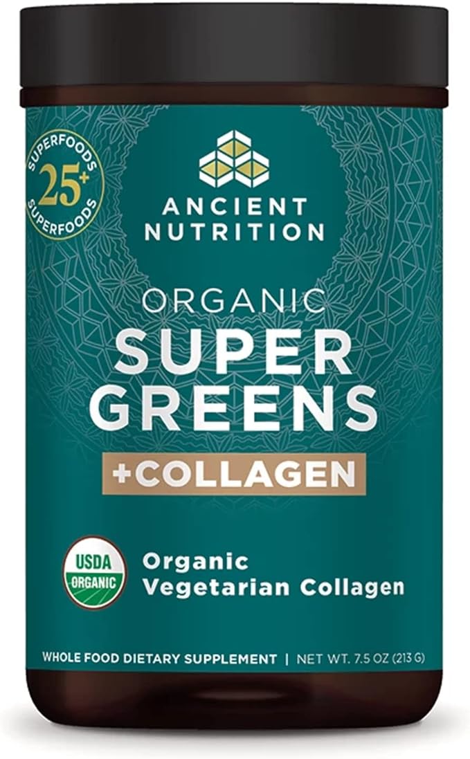 Ancient Nutrition Supergreens Powder, Organic Superfood Powder with Collagen, Made from Real Fruits, Vegetables and Herbs, for Digestive and Energy Support, 25 Servings, 7.5oz