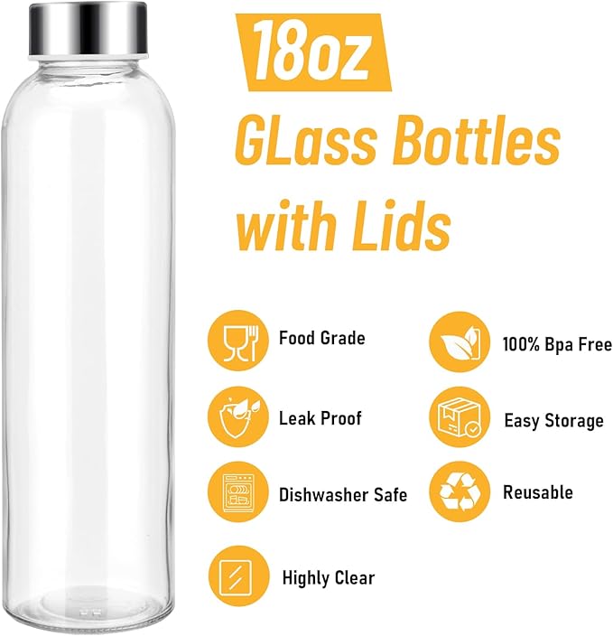 Sursip 18 oz Glass Water Bottles with Lids, Juice Bottles, Clear glass juice bottle for juicing, Eco-Friendly Reusable Glass Juicing Bottles with Stainless Steel Lid, BPA Free,Leak-Proof, Set of 6