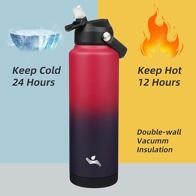 Insulated Water Bottle with Straw Lid,40 oz Stainless Steel Vacuum Metal Bottle with Silicone Handle,Rosy Red