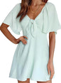Women's Deep V-Neck Mini Dress with Bow Tie - Elegant Summer Fall Outfit