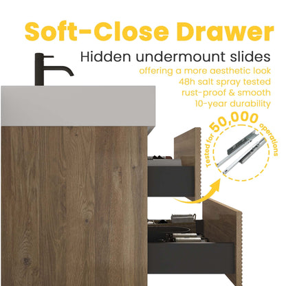 36'  Rough Oak+Rough Oak Bathroom Vanity with White Engineered Quartz Sink an...