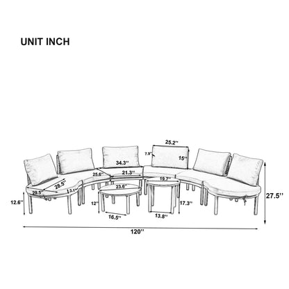 Outdoor Patio Set Half Moon Wicker Aluminum Gray 8 Piece 2 Tables