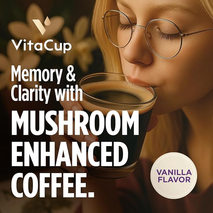 VitaCup Focus Mushroom Coffee Grounds, Vanilla Flavored Coffee with Lions Mane, Chaga, B Vitamins, D3, Boost Focus, Immunity, Memory & Clarity, Medium Dark Roast, 100% Arabica Specialty, 4 bags, 10oz each