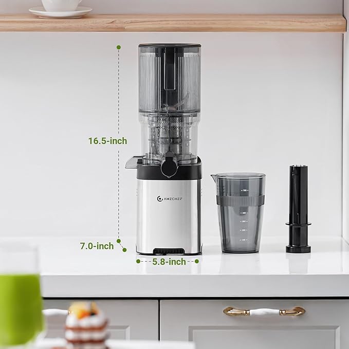 AMZCHEF Cold Press Juicer, Juicers Machines - 5.4" Large Feed Chute for Whole Fruits & Vegetables, Stainless Steel Slow Masticating Juice Easy to Clean, Large Auger, Triple Strainers, Silver