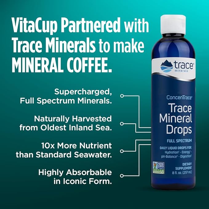 VitaCup Mineral Coffee with Trace Minerals, Hydrate, Replenish & Restore w/All Natural Sea Minerals, Electrolytes, Organic Coffee, Single Origin, Medium Dark Roast, Ground Coffee 10oz