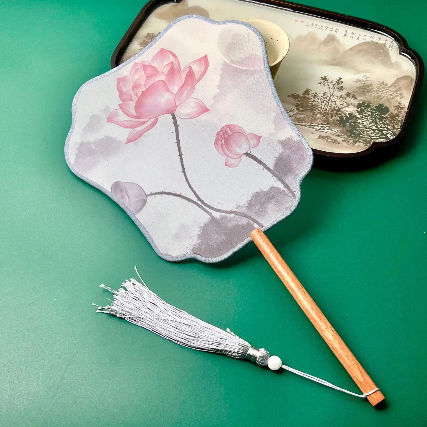 Chinese Silk Round Hand Fan with Floral Embroidery