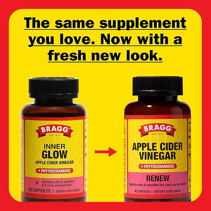 Bragg Renew Apple Cider Vinegar Capsules with Phytoceramides - 90 Capsules - Maintains Healthy Skin and Promotes Hydration
