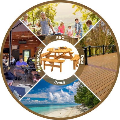 Outdoor Picnic Table Round Fir Wood 8-Person 43 In Umbrella Hole