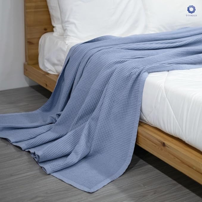 GOTS Certified Organic Cotton Waffle Weave Blanket, Throw Bed Size, 50"X60"Cozy Throw Blanket for Couch, Modern Home Decor, Throw Blankets, Waffle Blanket, Soft Bed Blankets - Powder Blue