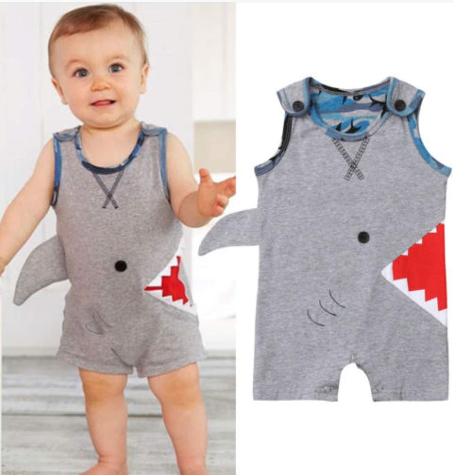 Styles I Love Infant Baby Boys Grey Shark Cotton Romper Jumpsuit Spring Summer Casual Outfit