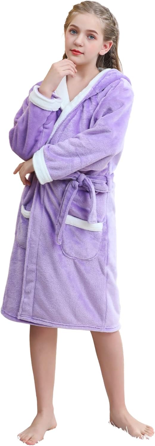 Girls Hooded Fleece Bathrobe - Soft Plush Warm Robe for Kids 3-14 Years