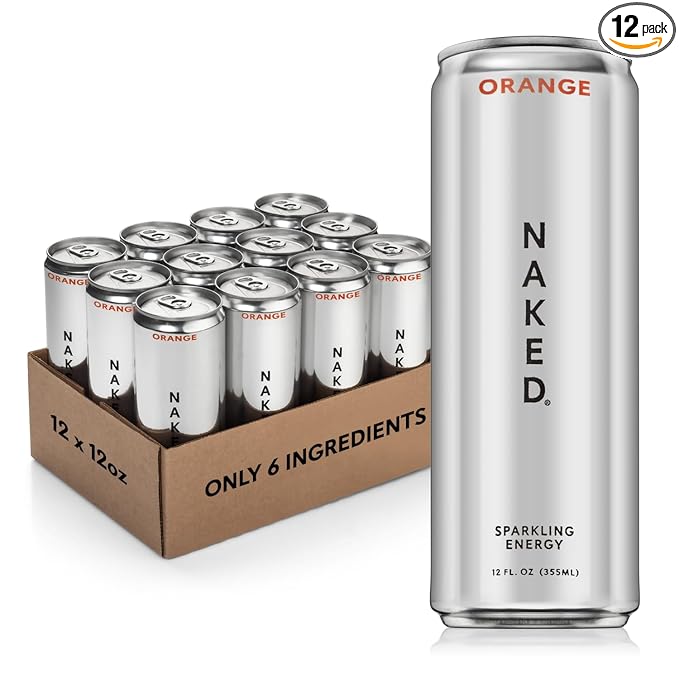 Naked Sparkling Energy Drink - Orange, Organic Caffeine, Organic Lemon Juice, Zero Sugar, No Sucralose, Naturally Sweetened, Natural Energy Drinks, Vegan, Gluten-Free, Non-GMO - 12oz Cans (Pack of 12)