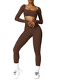 AGYMNX 2pc Workout Set Women Long Sleeve Crop Top High Waist Leggings Brown M