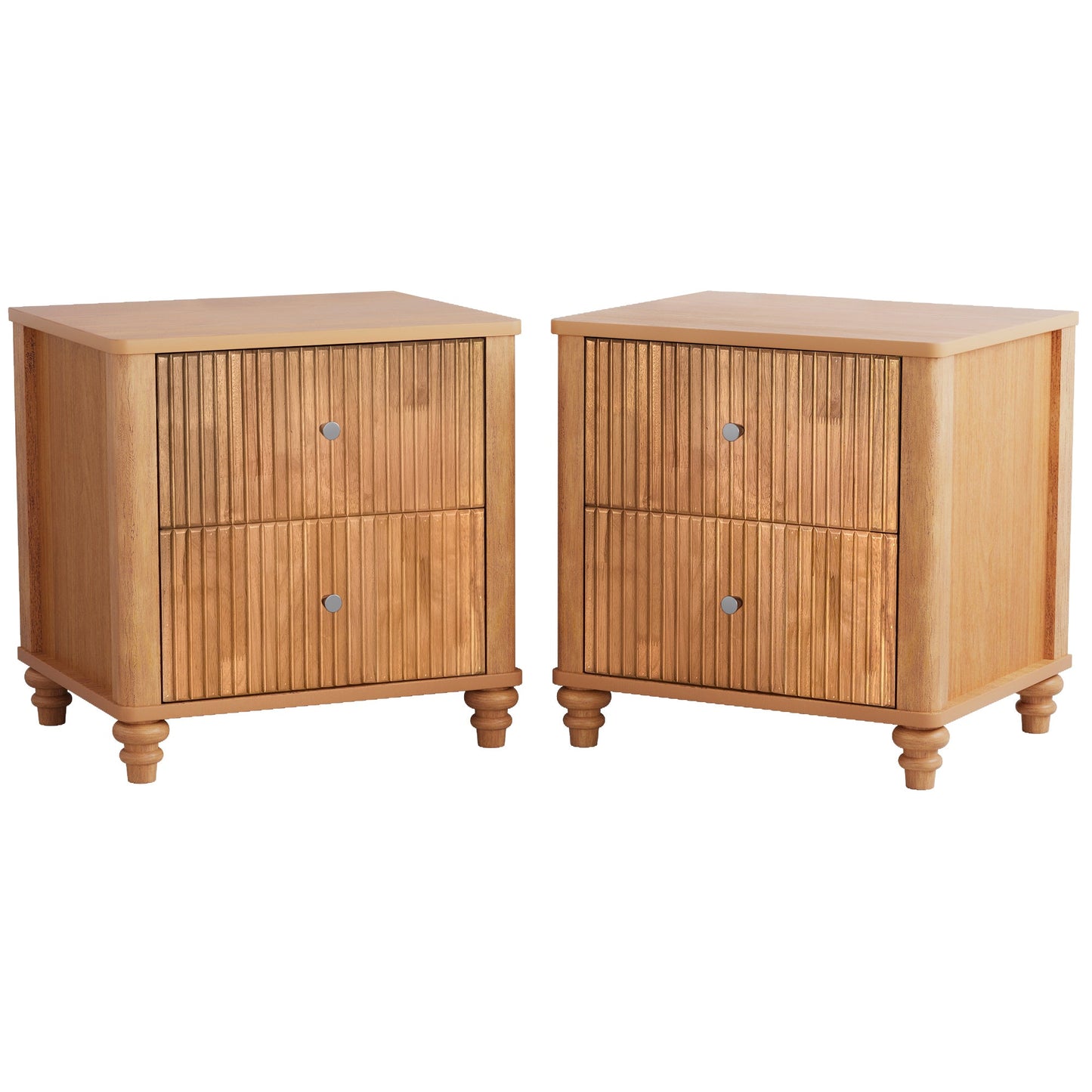 Mid Century Fluted Nightstand with 3 Drawers, 21.65 in Wide, Natural, 2-Piece